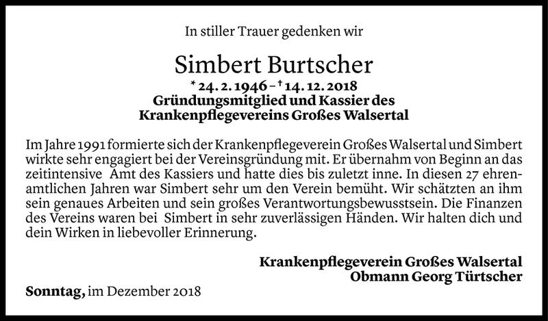  Todesanzeige für Simbert Burtscher vom 17.12.2018 aus Vorarlberger Nachrichten