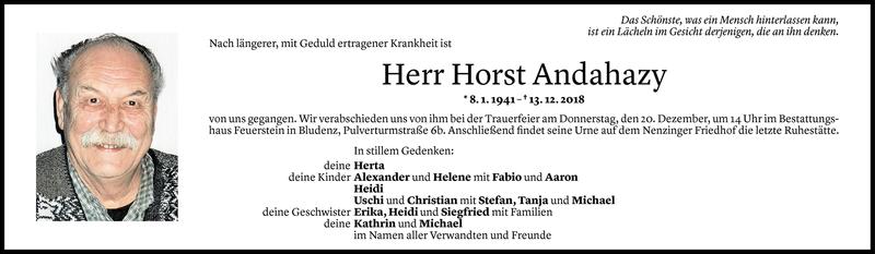  Todesanzeige für Horst Andahazy vom 19.12.2018 aus Vorarlberger Nachrichten