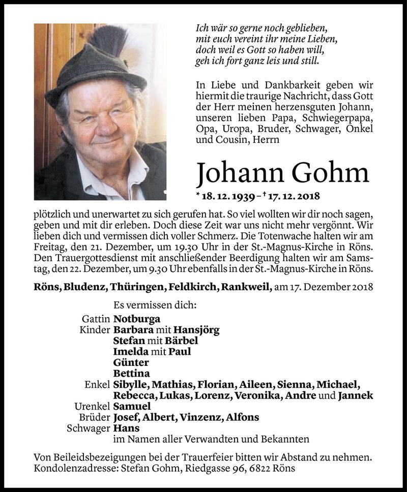  Todesanzeige für Johann Gohm vom 18.12.2018 aus Vorarlberger Nachrichten