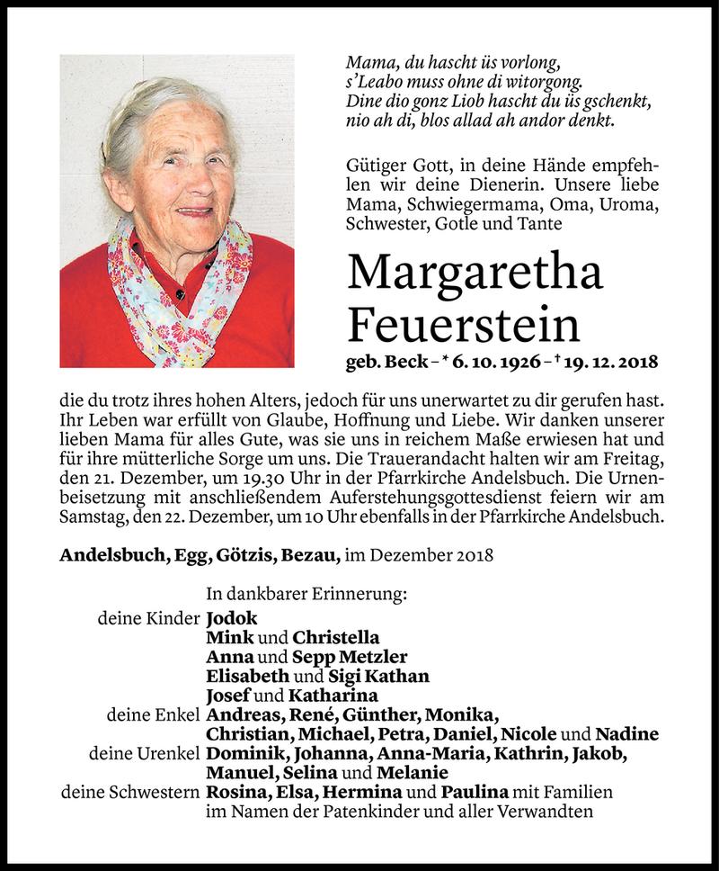  Todesanzeige für Margaretha Feuerstein vom 19.12.2018 aus Vorarlberger Nachrichten