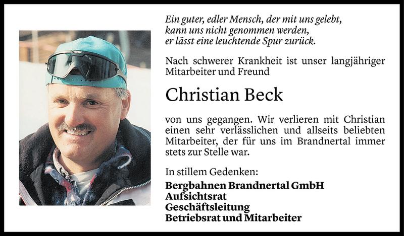  Todesanzeige für Christian Beck vom 19.12.2018 aus Vorarlberger Nachrichten
