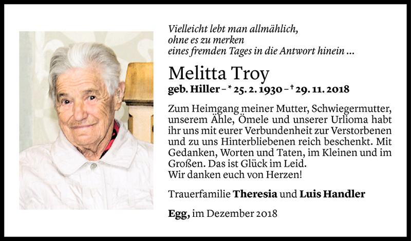  Todesanzeige für Melitta Troy vom 21.12.2018 aus Vorarlberger Nachrichten