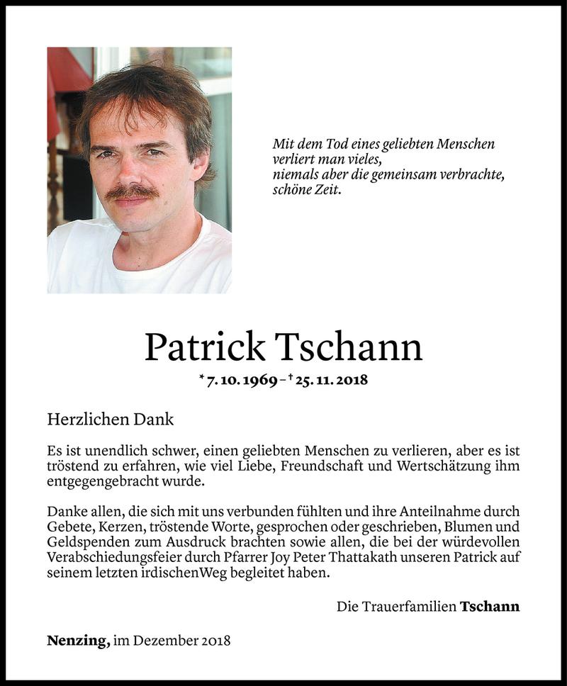  Todesanzeige für Patrick Tschann vom 21.12.2018 aus Vorarlberger Nachrichten
