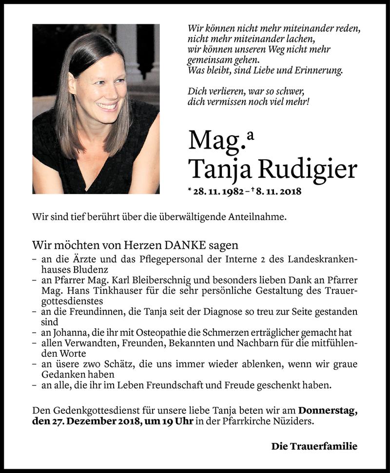  Todesanzeige für Tanja Rudigier vom 21.12.2018 aus Vorarlberger Nachrichten