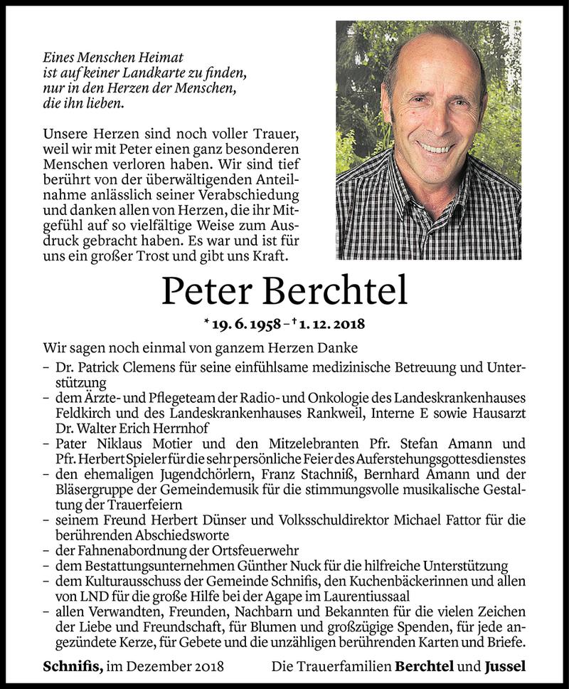  Todesanzeige für Peter Berchtel vom 21.12.2018 aus Vorarlberger Nachrichten