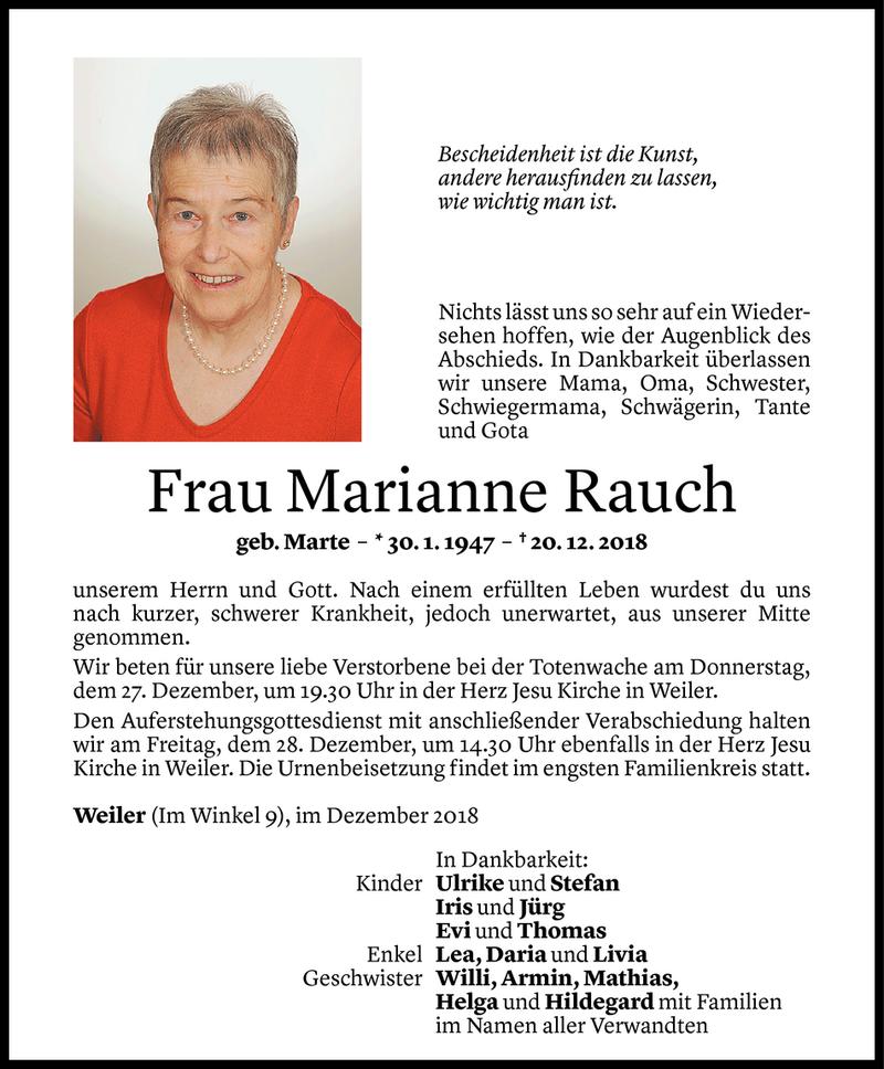  Todesanzeige für Marianne Rauch vom 24.12.2018 aus Vorarlberger Nachrichten