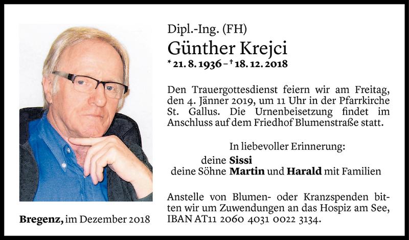  Todesanzeige für Günther Krejci vom 28.12.2018 aus Vorarlberger Nachrichten