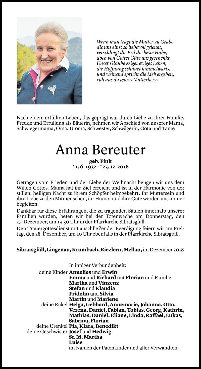  Todesanzeige für Anna Bereuter vom 26.12.2018 aus Vorarlberger Nachrichten
