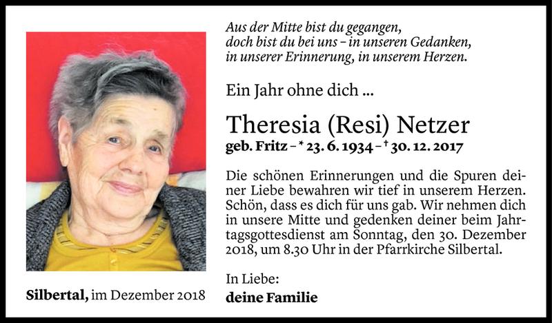  Todesanzeige für Theresia Netzer vom 28.12.2018 aus Vorarlberger Nachrichten