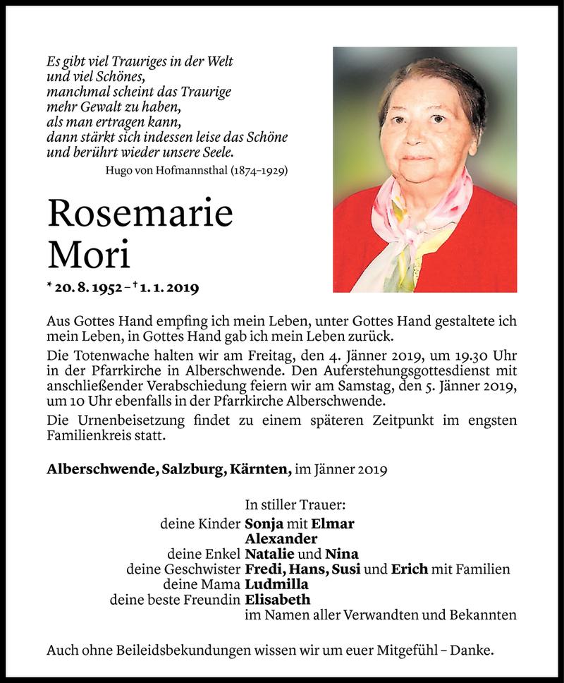 Todesanzeigen von Rosemarie Mori | Todesanzeigen Vorarlberger Nachrichten