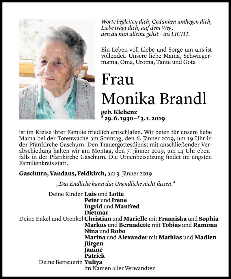  Todesanzeige für Monika Brandl vom 04.01.2019 aus Vorarlberger Nachrichten