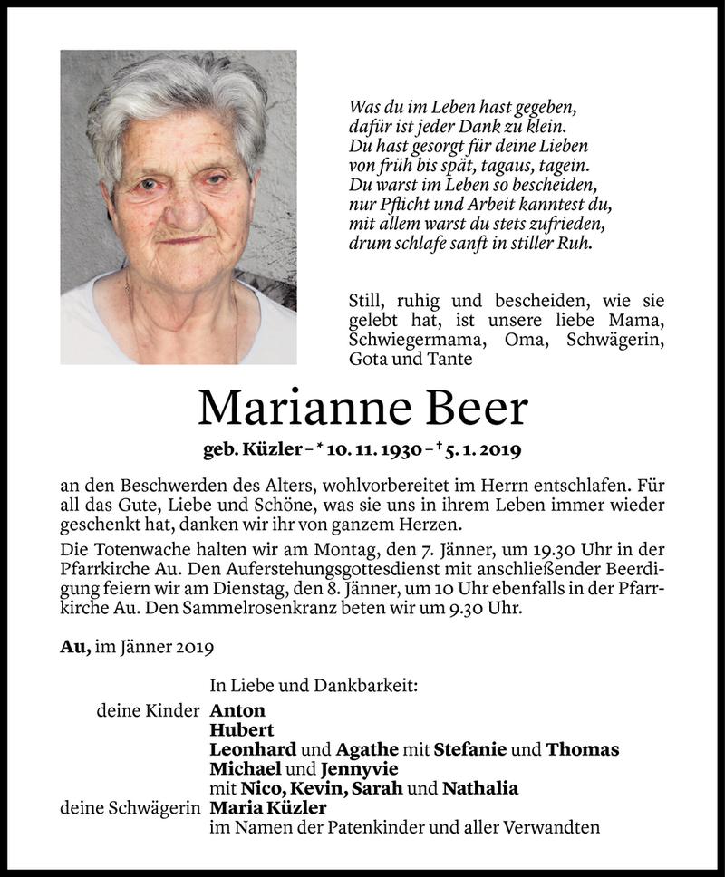  Todesanzeige für Marianne Beer vom 06.01.2019 aus Vorarlberger Nachrichten