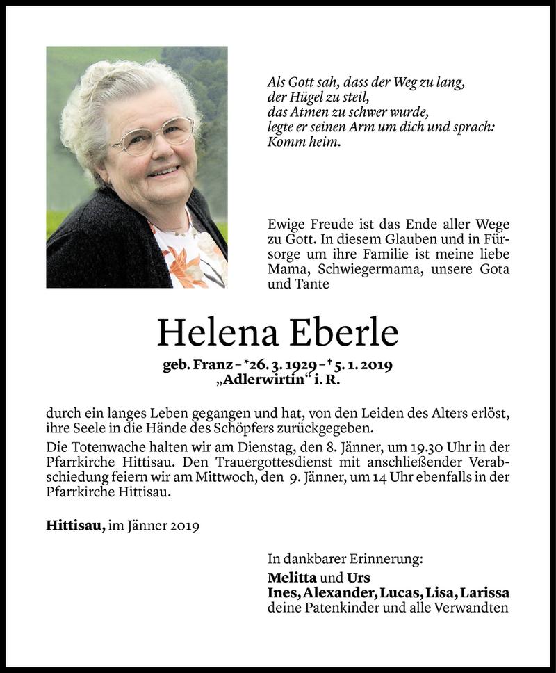  Todesanzeige für Helene Eberle vom 06.01.2019 aus Vorarlberger Nachrichten