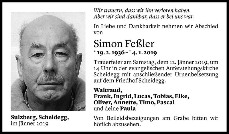  Todesanzeige für Simon Feßler vom 07.01.2019 aus Vorarlberger Nachrichten