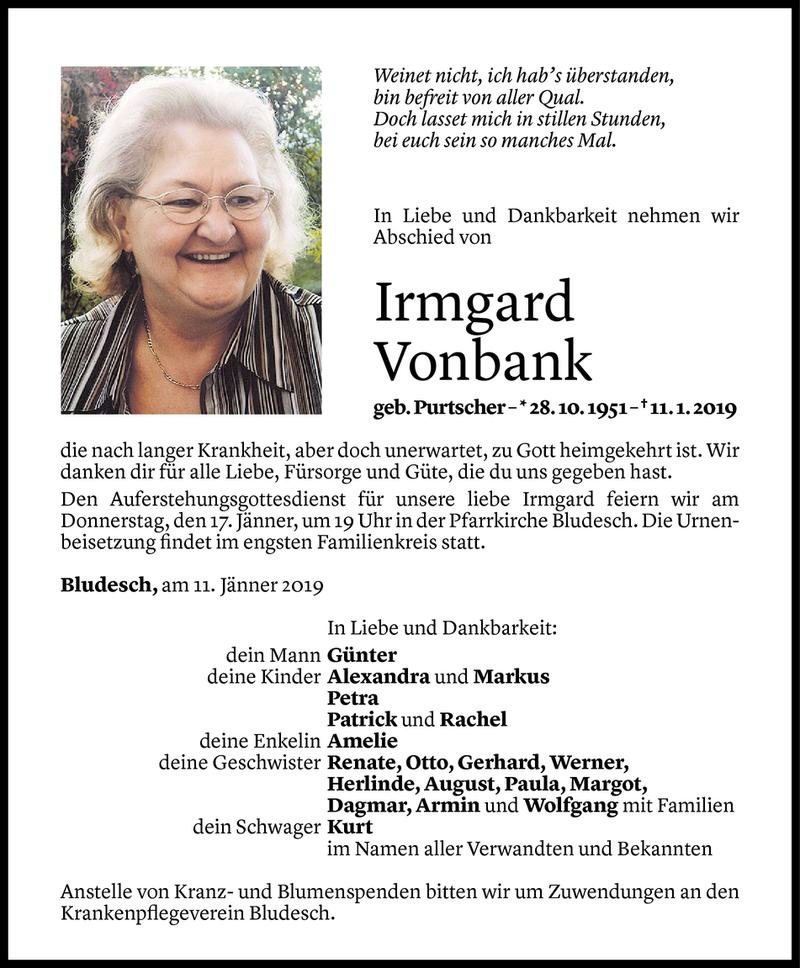  Todesanzeige für Irmgard Vonbank vom 13.01.2019 aus Vorarlberger Nachrichten