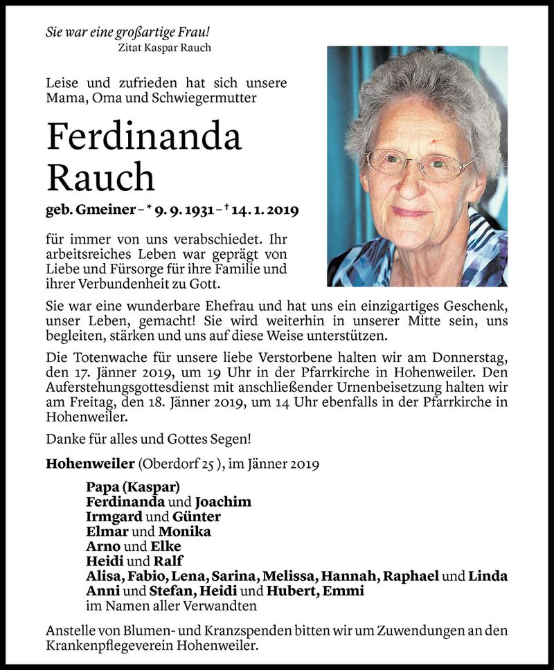  Todesanzeige für Ferdinanda Rauch vom 14.01.2019 aus Vorarlberger Nachrichten