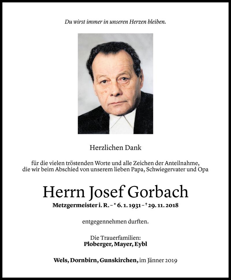  Todesanzeige für Josef Gorbach vom 17.01.2019 aus Vorarlberger Nachrichten