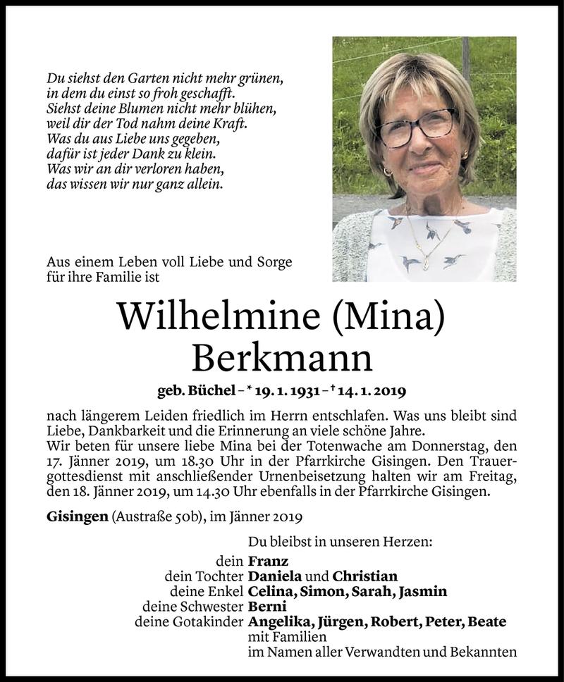  Todesanzeige für Wilhelmine Berkmann vom 15.01.2019 aus Vorarlberger Nachrichten