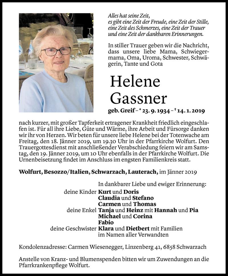  Todesanzeige für Helene Gassner vom 15.01.2019 aus Vorarlberger Nachrichten