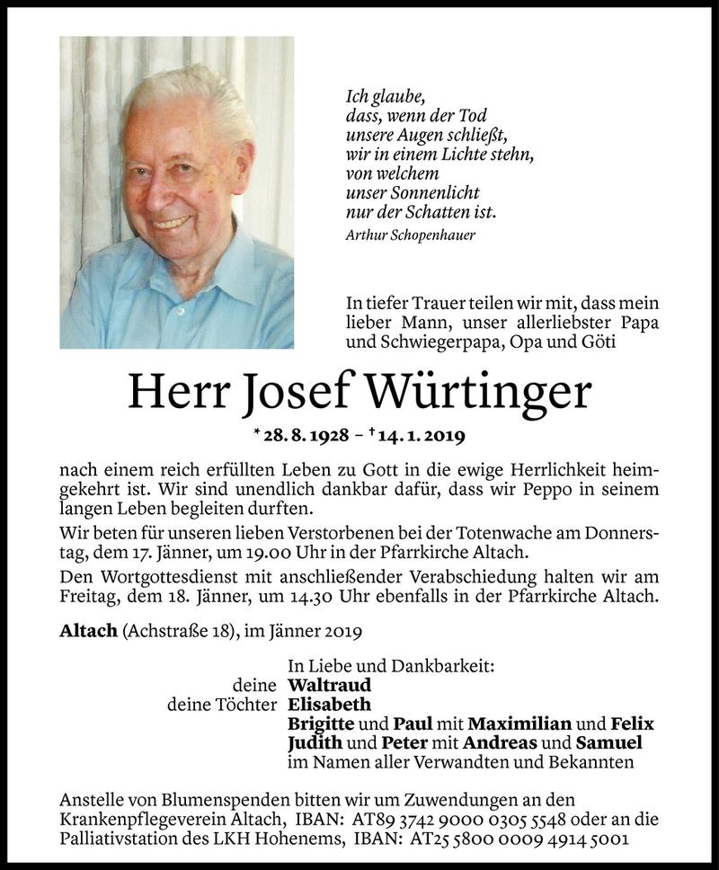  Todesanzeige für Josef Würtinger vom 16.01.2019 aus Vorarlberger Nachrichten
