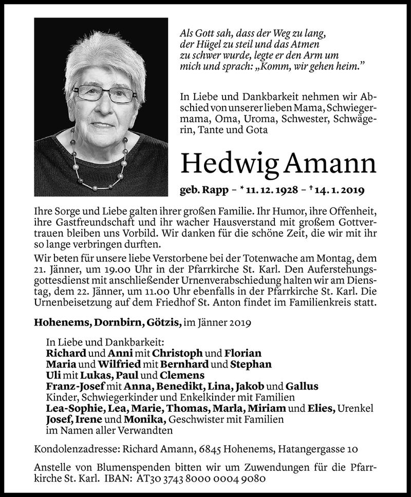  Todesanzeige für Hedwig Amann vom 18.01.2019 aus Vorarlberger Nachrichten