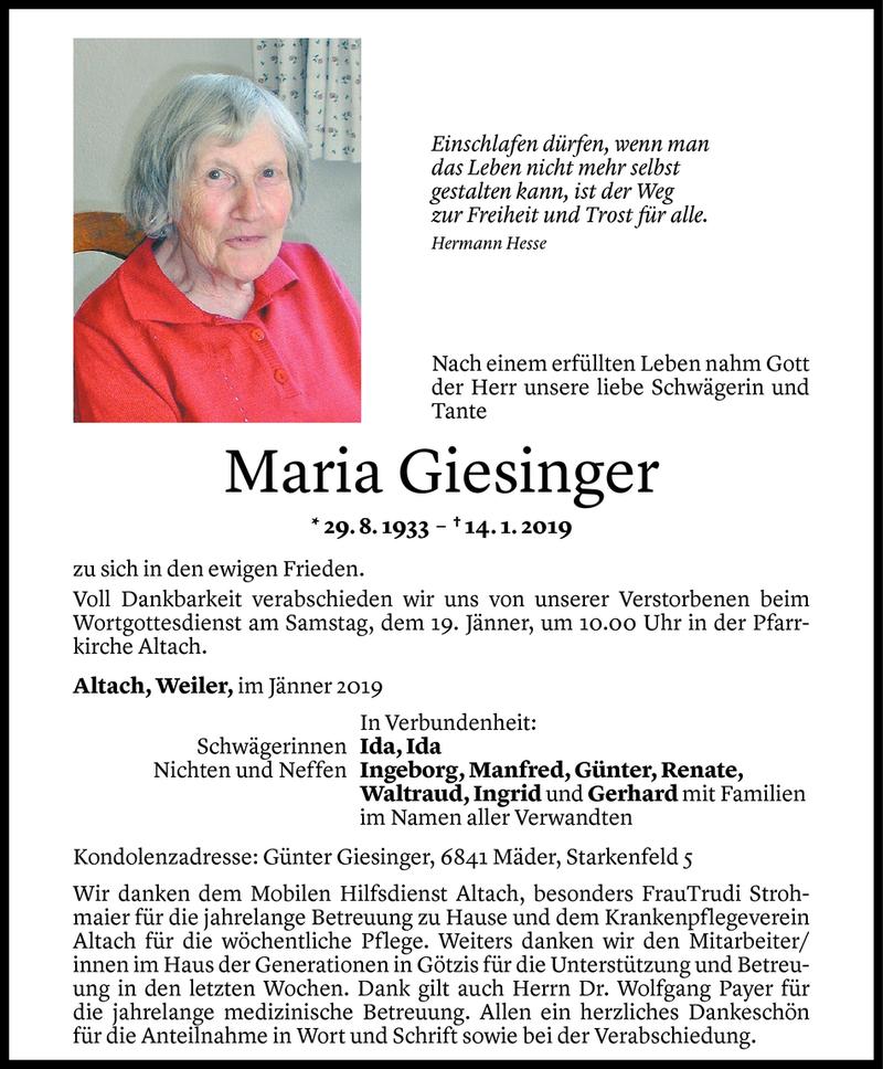  Todesanzeige für Maria Giesinger vom 17.01.2019 aus Vorarlberger Nachrichten