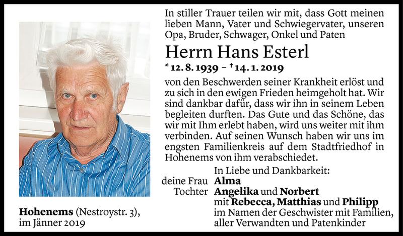  Todesanzeige für Hans Esterl vom 22.01.2019 aus Vorarlberger Nachrichten