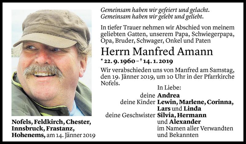  Todesanzeige für Manfred Amann vom 16.01.2019 aus Vorarlberger Nachrichten