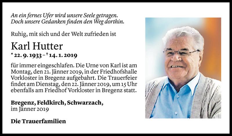  Todesanzeige für Karl Hutter vom 18.01.2019 aus Vorarlberger Nachrichten