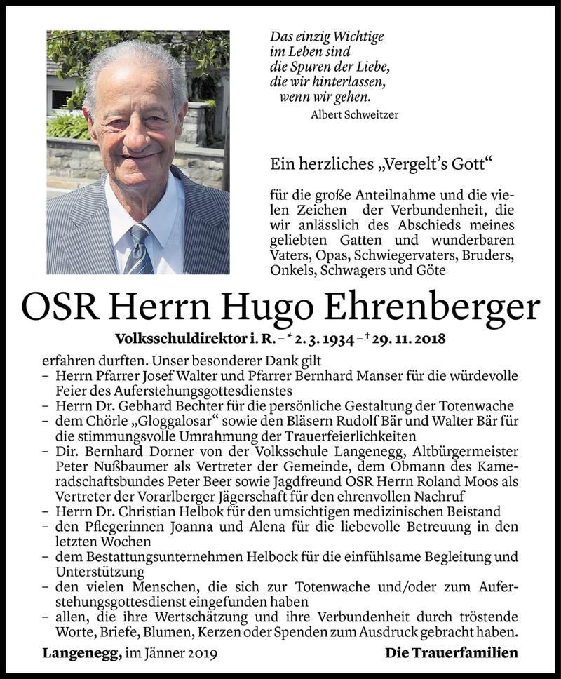  Todesanzeige für Hugo Ehrenberger vom 17.01.2019 aus Vorarlberger Nachrichten