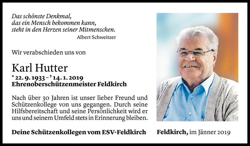  Todesanzeige für Karl Hutter vom 20.01.2019 aus Vorarlberger Nachrichten
