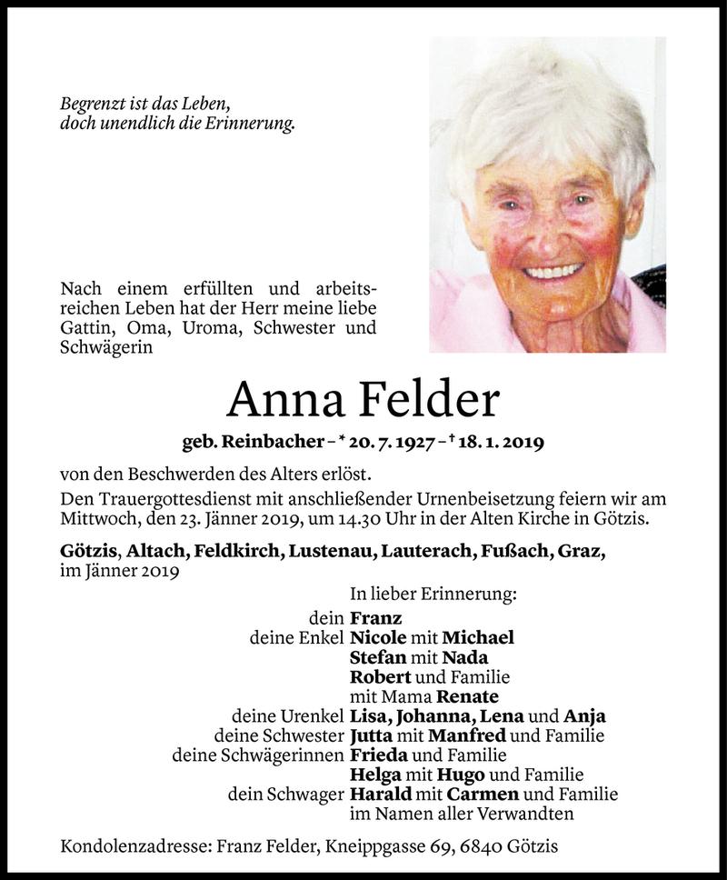  Todesanzeige für Anna Felder vom 21.01.2019 aus Vorarlberger Nachrichten