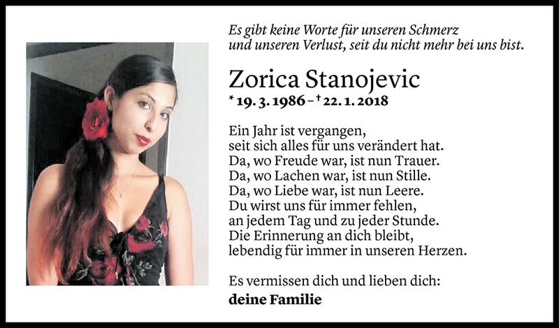  Todesanzeige für Zorica Stanojevic vom 21.01.2019 aus Vorarlberger Nachrichten