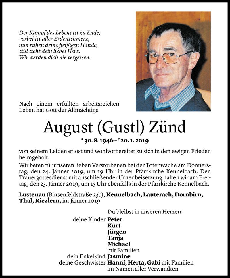  Todesanzeige für August Zünd vom 21.01.2019 aus Vorarlberger Nachrichten