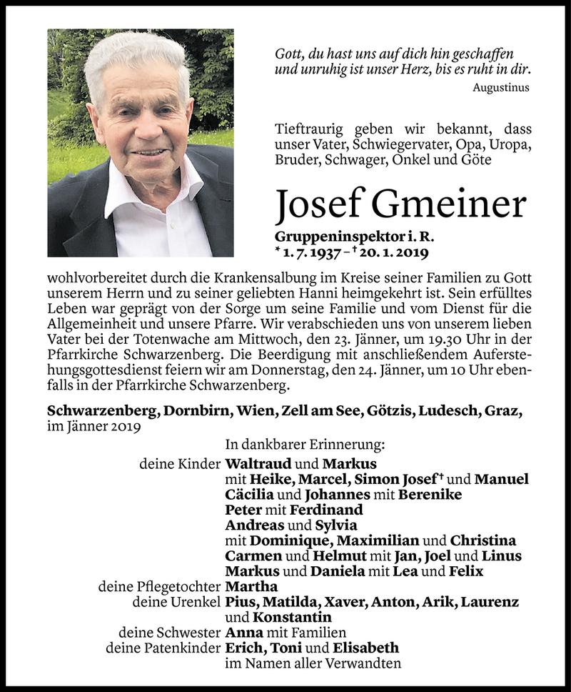  Todesanzeige für Josef Gmeiner vom 21.01.2019 aus Vorarlberger Nachrichten