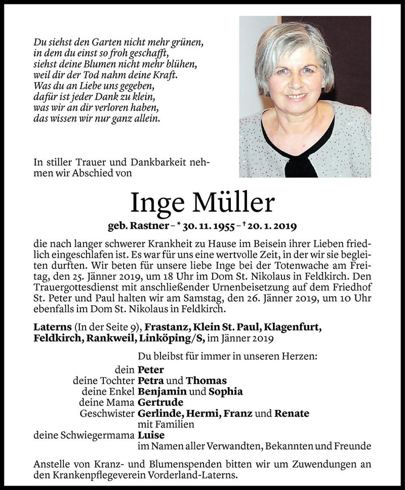  Todesanzeige für Inge Müller vom 22.01.2019 aus Vorarlberger Nachrichten