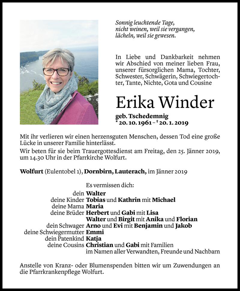  Todesanzeige für Erika Winder vom 22.01.2019 aus Vorarlberger Nachrichten