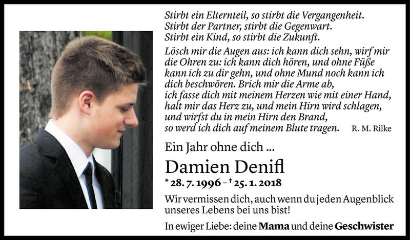  Todesanzeige für Damien Denifl vom 24.01.2019 aus Vorarlberger Nachrichten