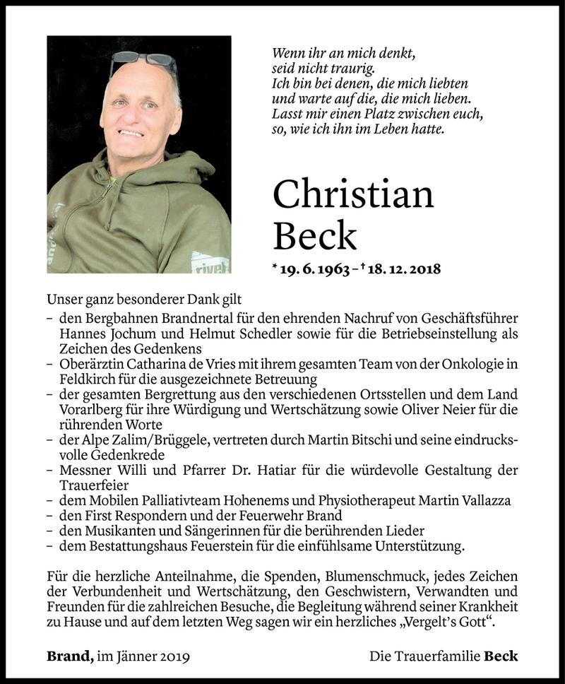  Todesanzeige für Christian Beck vom 26.01.2019 aus Vorarlberger Nachrichten