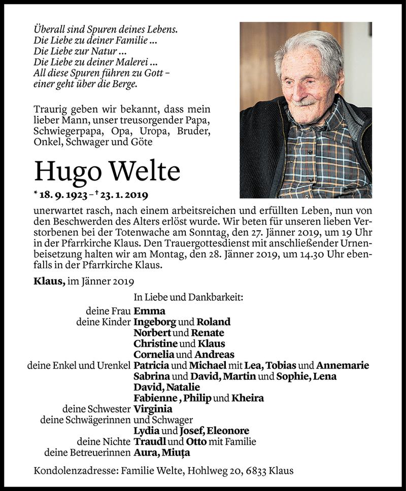  Todesanzeige für Hugo Welte vom 24.01.2019 aus Vorarlberger Nachrichten