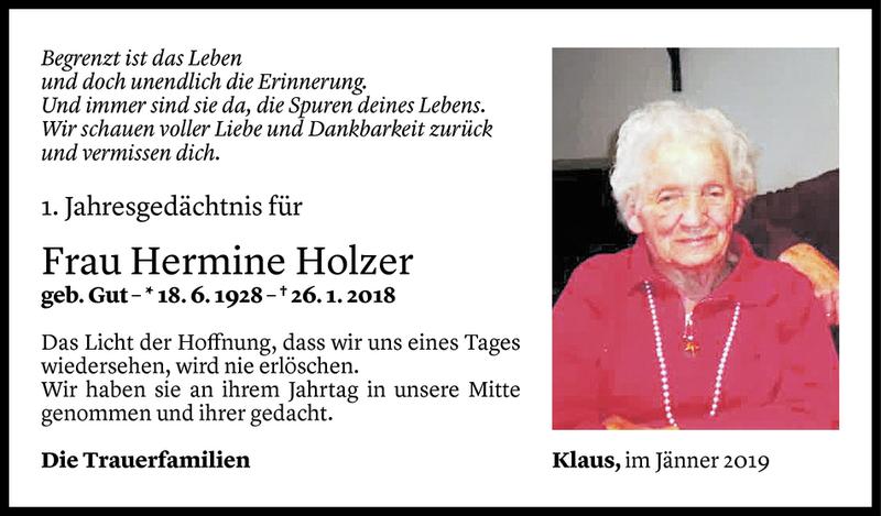  Todesanzeige für Hermine Holzer vom 25.01.2019 aus Vorarlberger Nachrichten