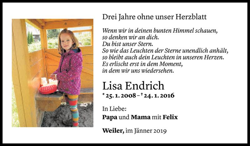  Todesanzeige für Lisa Endrich vom 25.01.2019 aus Vorarlberger Nachrichten