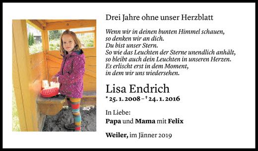 Todesanzeige von Lisa Endrich von Vorarlberger Nachrichten