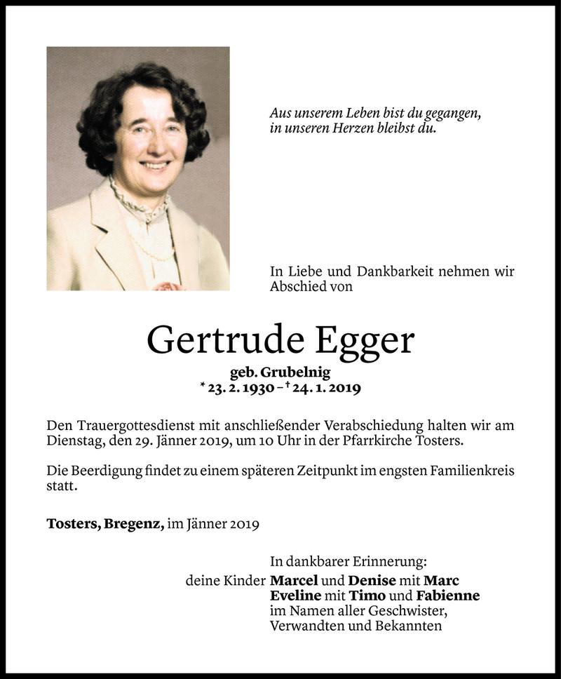 Todesanzeigen von Gertrude Egger | Todesanzeigen Vorarlberger Nachrichten