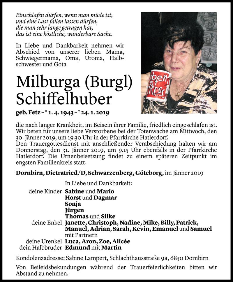  Todesanzeige für Milburga Schiffelhuber vom 27.01.2019 aus Vorarlberger Nachrichten