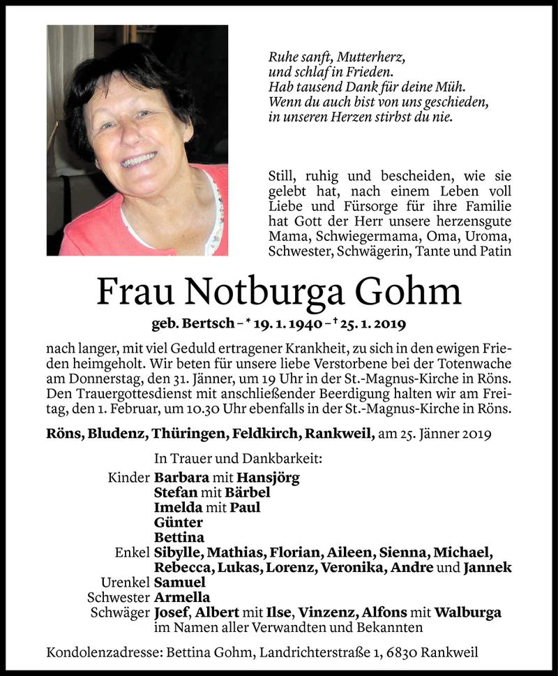  Todesanzeige für Notburga Gohm vom 28.01.2019 aus Vorarlberger Nachrichten