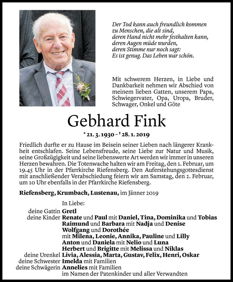  Todesanzeige für Gebhard Fink vom 30.01.2019 aus Vorarlberger Nachrichten