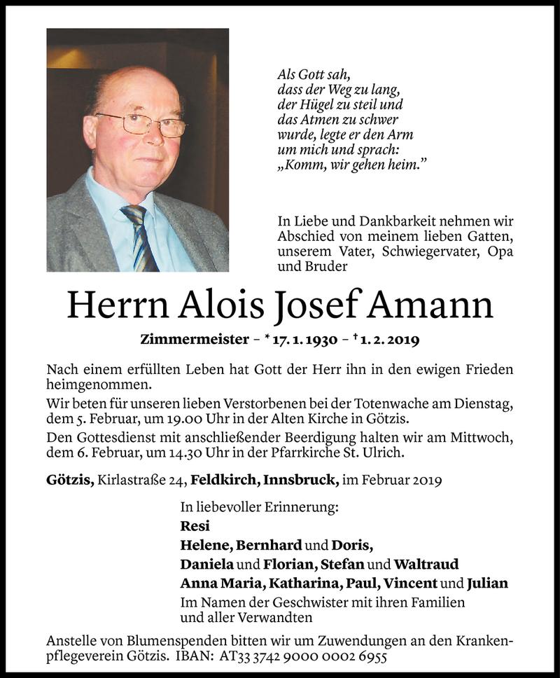  Todesanzeige für Alois Josef Amann vom 04.02.2019 aus Vorarlberger Nachrichten