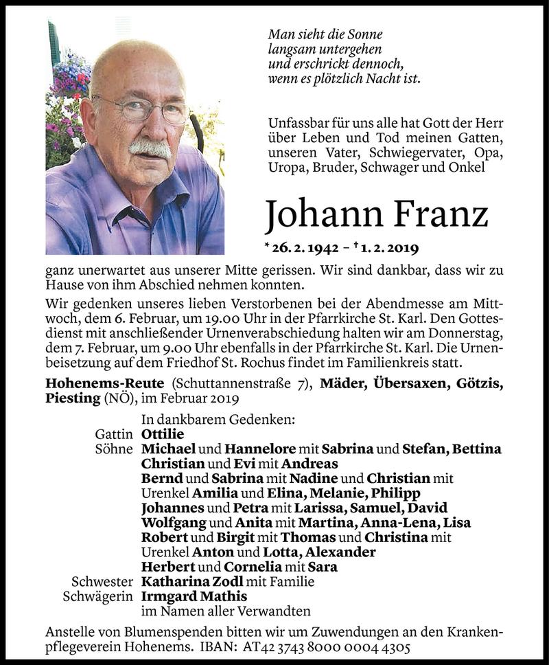  Todesanzeige für Johann Franz vom 04.02.2019 aus Vorarlberger Nachrichten