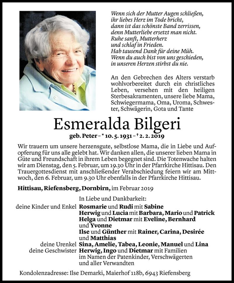  Todesanzeige für Esmeralda Bilgeri vom 03.02.2019 aus Vorarlberger Nachrichten